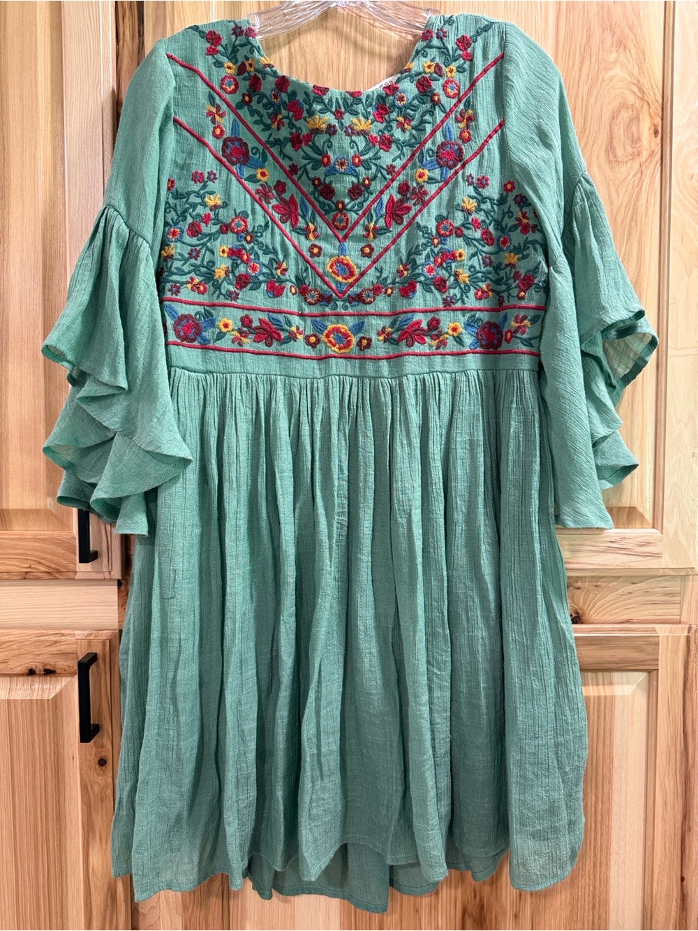 Umgee Size S Embroidered Green Babydoll Boho Hippie Flare Sleeve Tunic/Dress